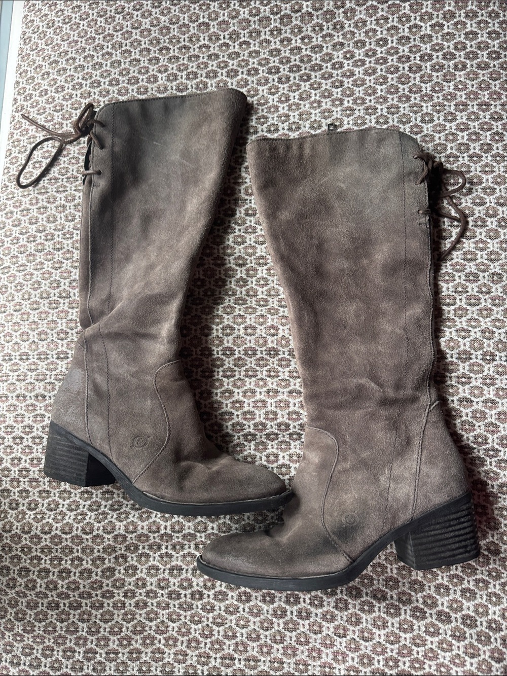 BORN Cotto Grey Brown Suede Full Zip & Back Laces Lined Knee High Boot Size 6.5
